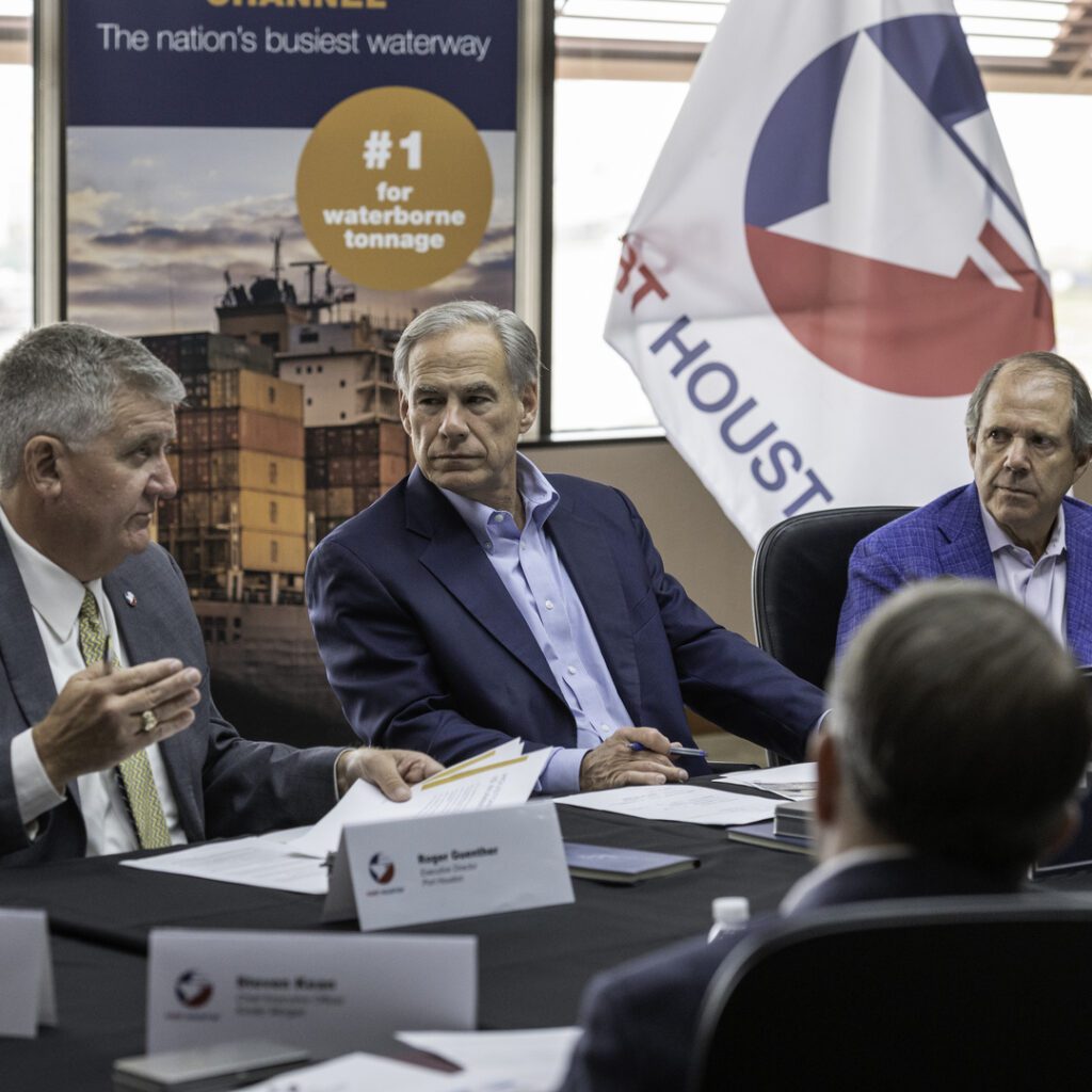 Texas Governor Greg Abbott speaking with Port Houston Executive Director Roger Guenther and Chairman of the Port Commission Ric Campo