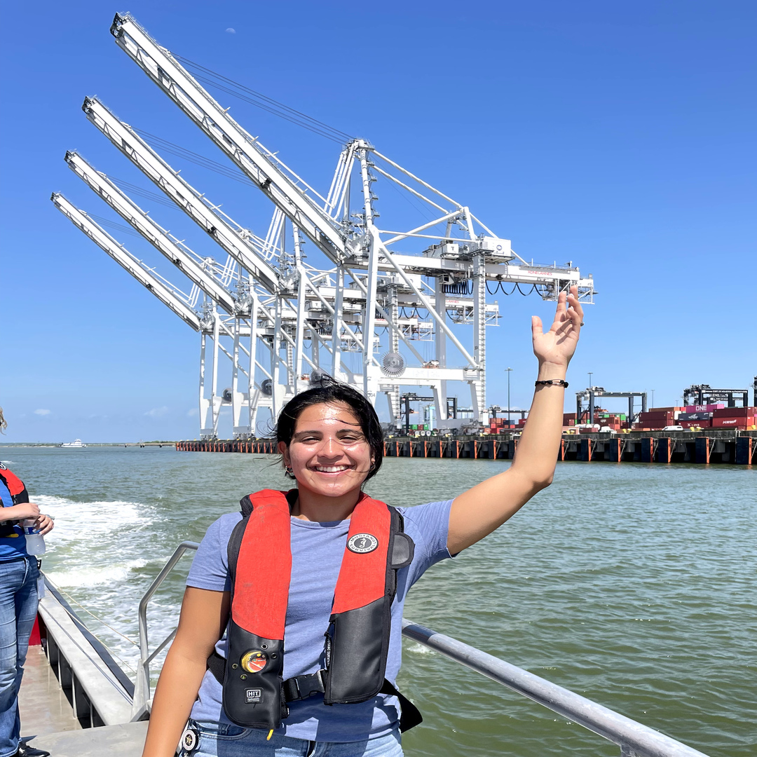Victoria Caballero enjoying the Fireboat tour around Barbours Cut Container Terminal